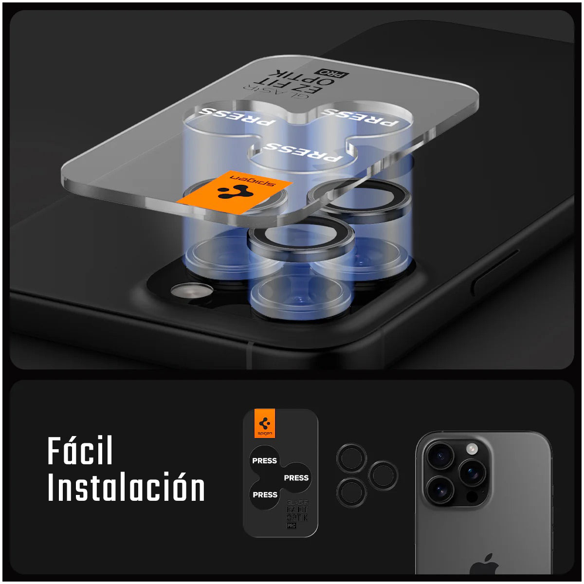 Protector de Lente de Cámara Spigen Optik Pro EZ Fit Para iPhone 16 Pro Max / 16 Pro – Vidrio 9H