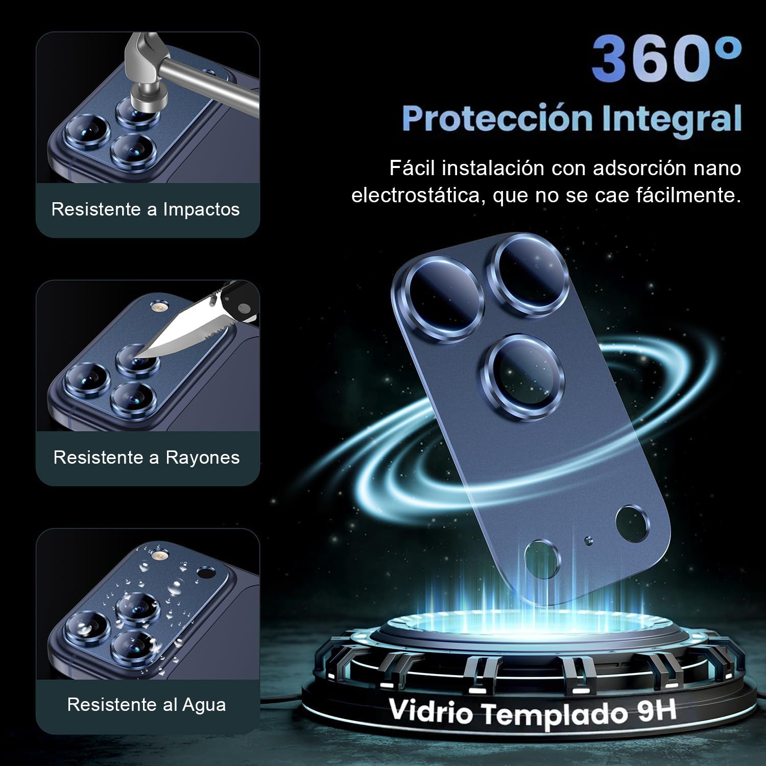 Protector Cámara Para iPhone 17 Pro Vidrio 9H + Marco Modulo Metálico Integrado Full Cover HD