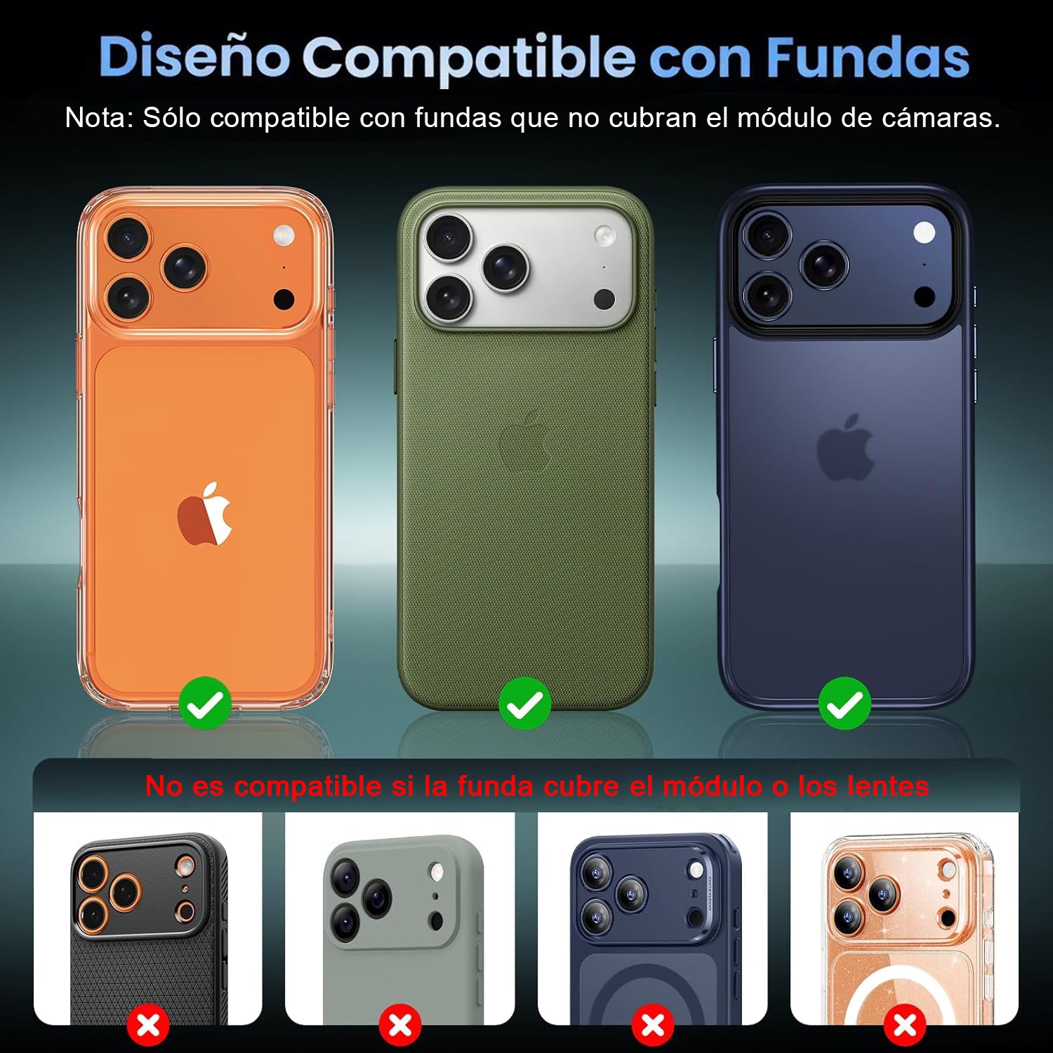 Protector Cámara Para iPhone 17 Pro Vidrio 9H + Marco Modulo Metálico Integrado Full Cover HD
