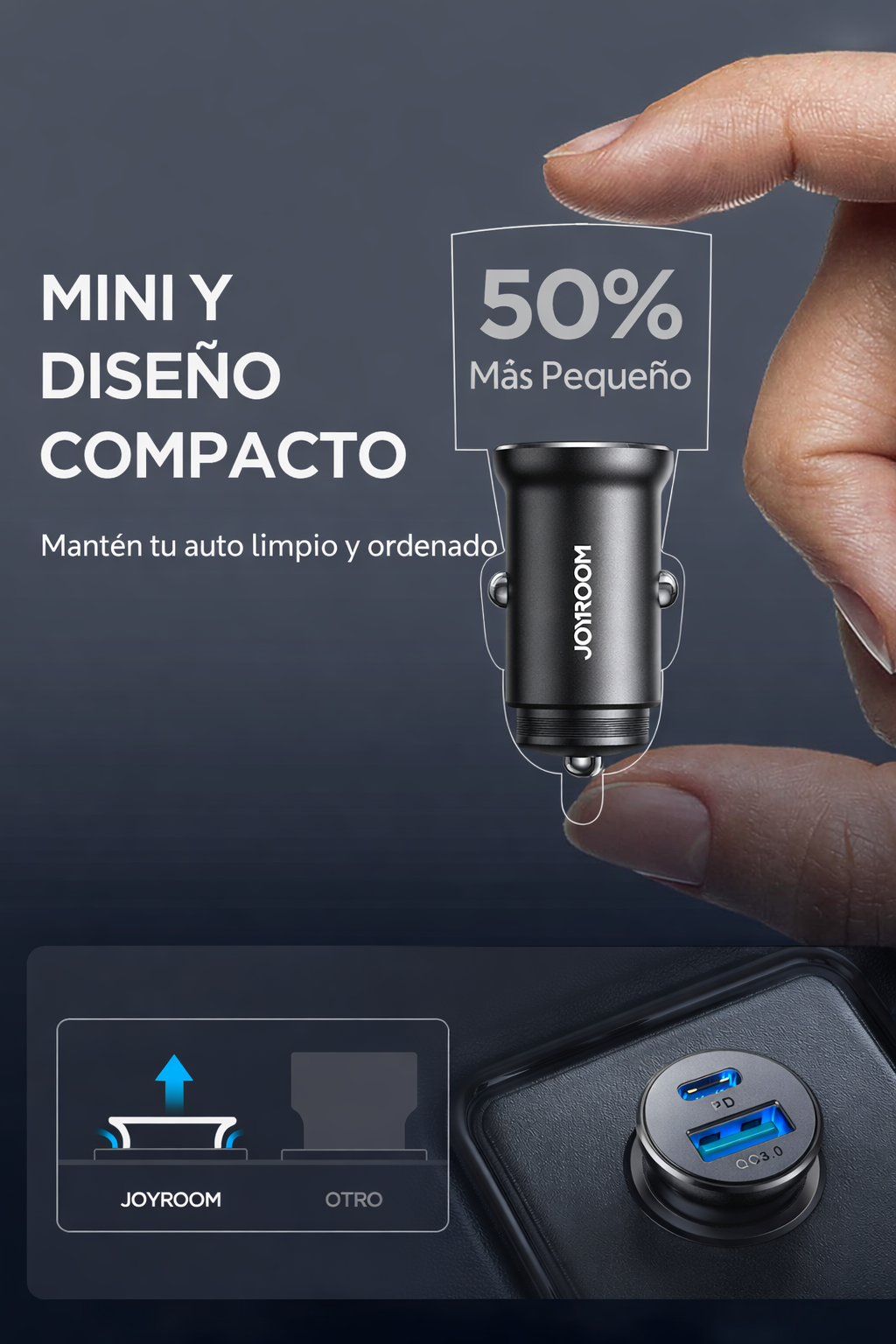 Cargador de Auto Rápido 30W PD + QC Joyroom Mini Metálico | USB-C + USB | Carga Rápida iPhone y Android