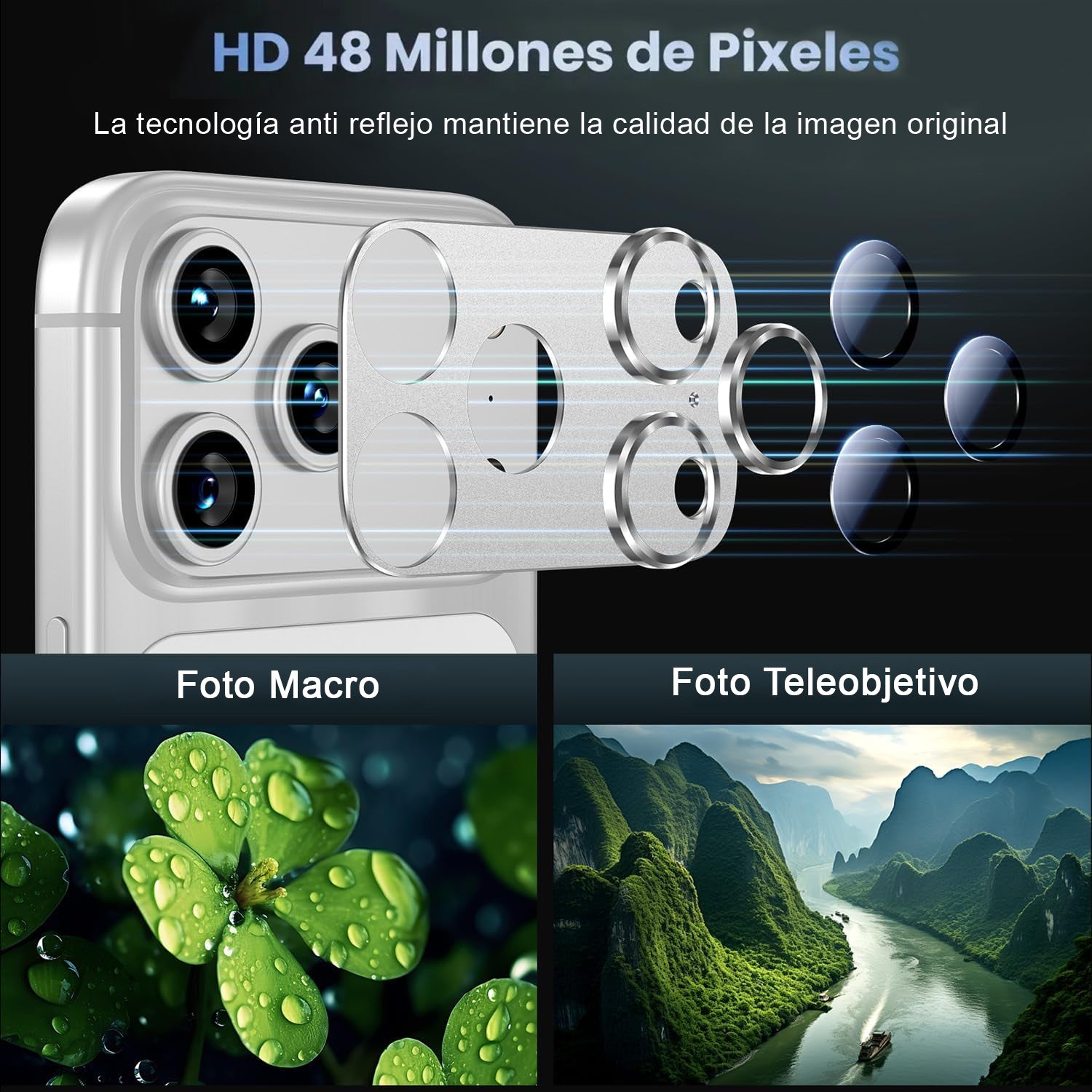 Protector Cámara Para iPhone 17 Pro Vidrio 9H + Marco Modulo Metálico Integrado Full Cover HD